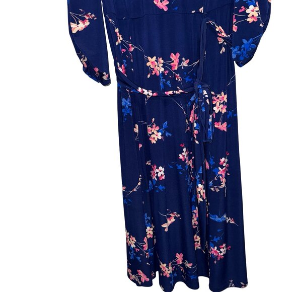 LEliza J's  Floral Navy Blue Puff Sleeve Waist Tie Leg Slit Long Dress Sz 18W - Picture 4 of 12